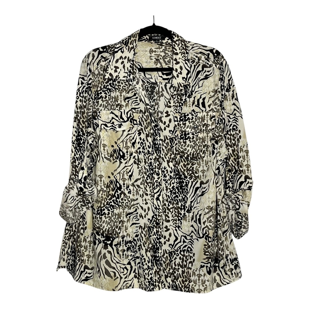 Elementz Woman Mixed Animal Print Button Up Blouse Plus 3X Black‎ Tan WSTB0558 - Picture 10 of 10